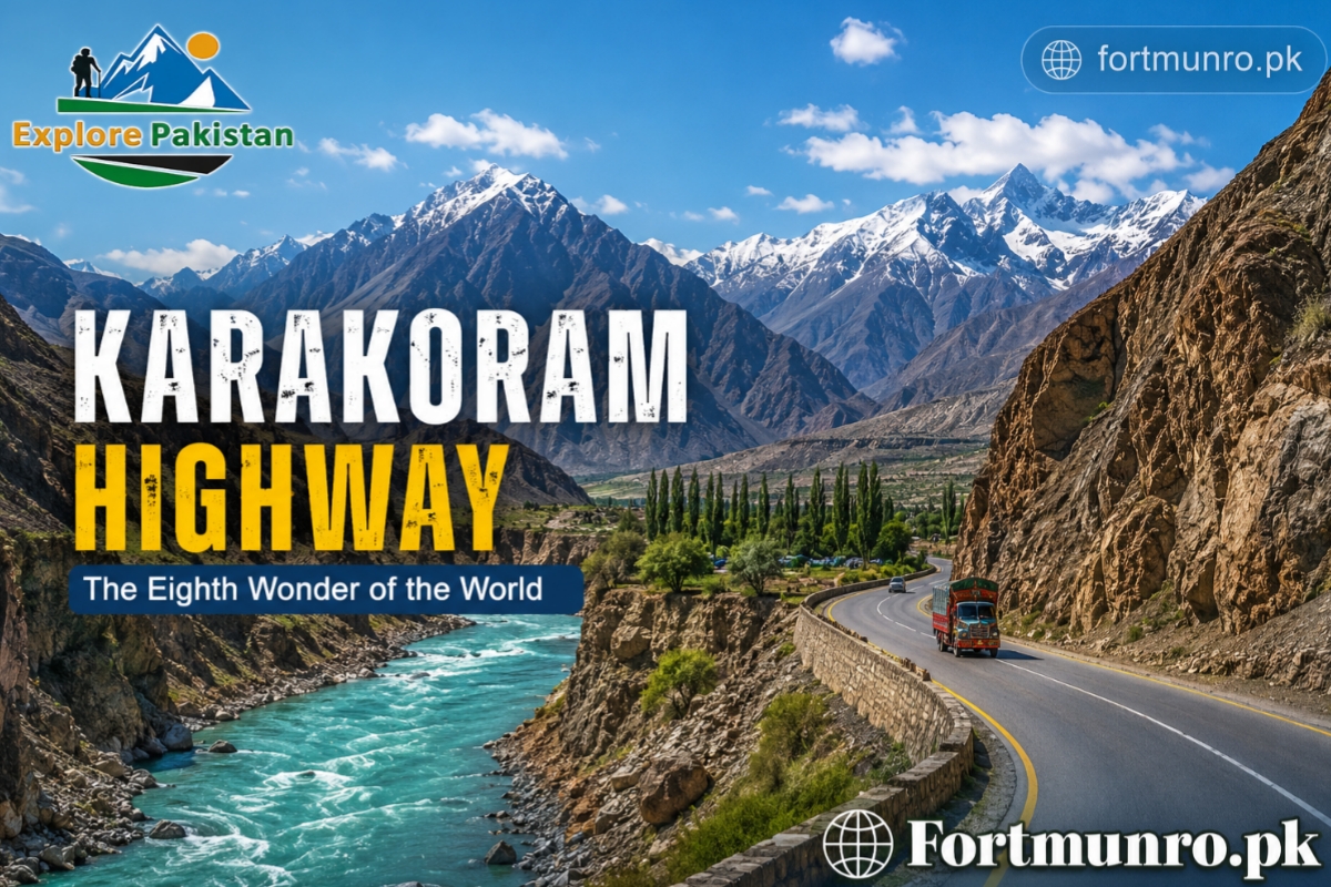 Scenic view of Karakoram Highway with mountains and Indus River