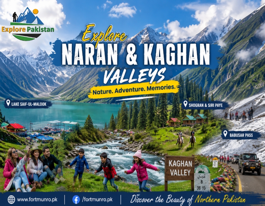 Beautiful feature image of Naran and Kaghan Valleys with snow-capped mountains, lakes, rivers, clouds, and tourists enjoying nature in northern Pakistan.