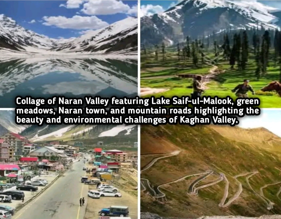 Collage of Naran Valley featuring Lake Saif-ul-Malook, green meadows, Naran town, and mountain roads highlighting the beauty and environmental challenges of Kaghan Valley.
