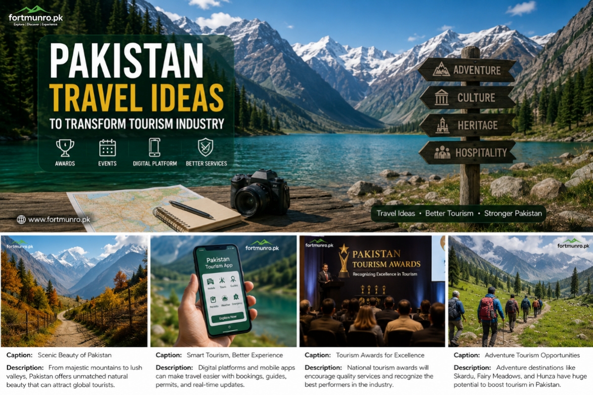 Pakistan travel ideas showcasing mountains, lake, tourism innovation, and digital tourism concept in Pakistan