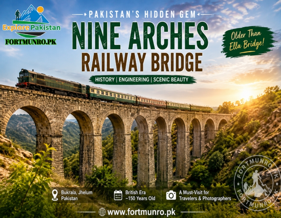 Pakistan Nine Arches Railway Bridge near Bukrala Jhelum showing historic stone arches