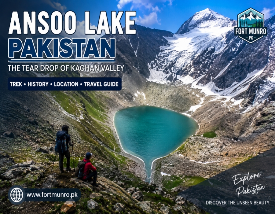 Aerial view of Ansoo Lake Pakistan showing its unique tear-drop shape in Kaghan Valley