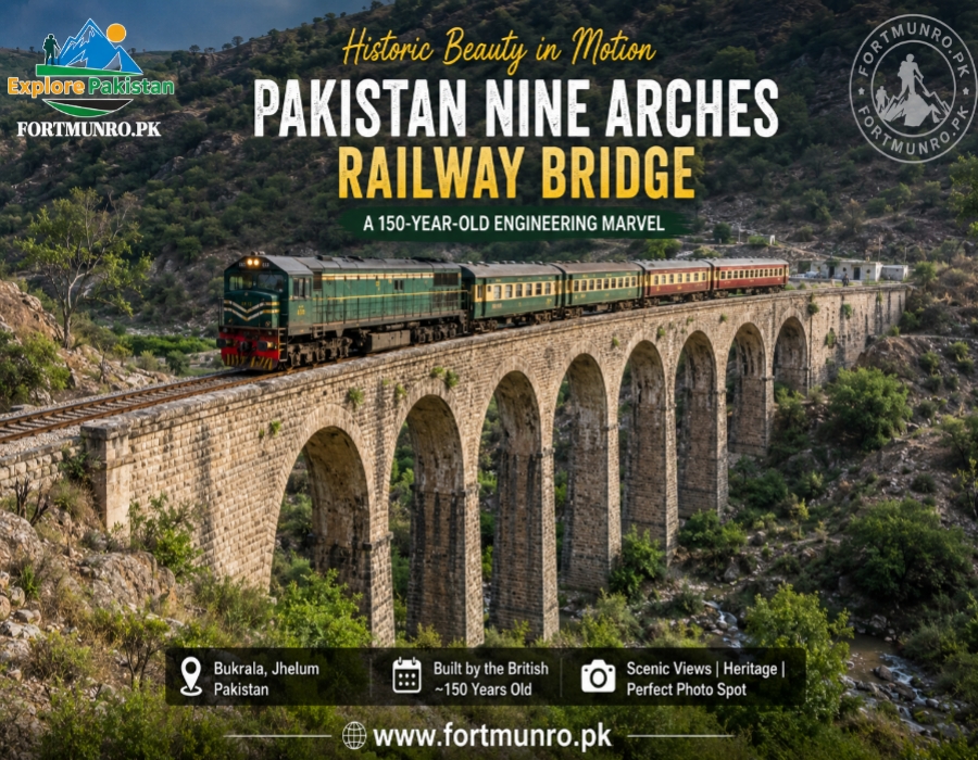 Train crossing Pakistan Nine Arches Railway Bridge in Jhelum