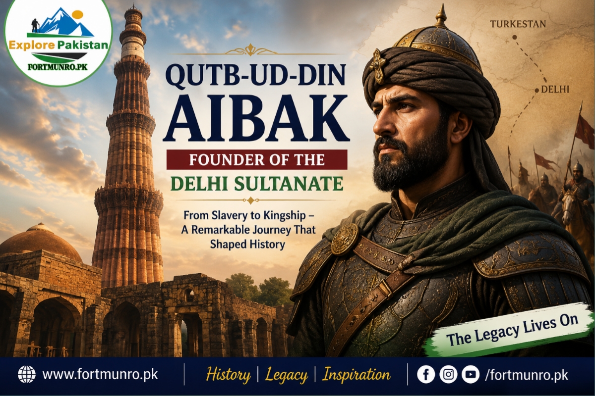 Qutb-ud-Din Aibak founder of the Delhi Sultanate standing with Qutub Minar in Delhi