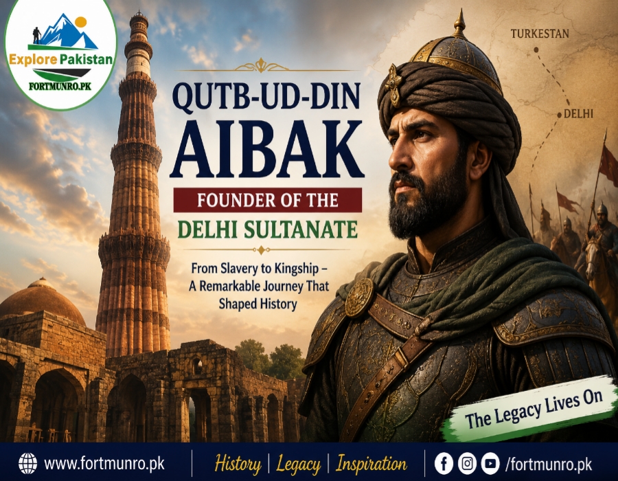 Qutb-ud-Din Aibak founder of the Delhi Sultanate standing with Qutub Minar in Delhi