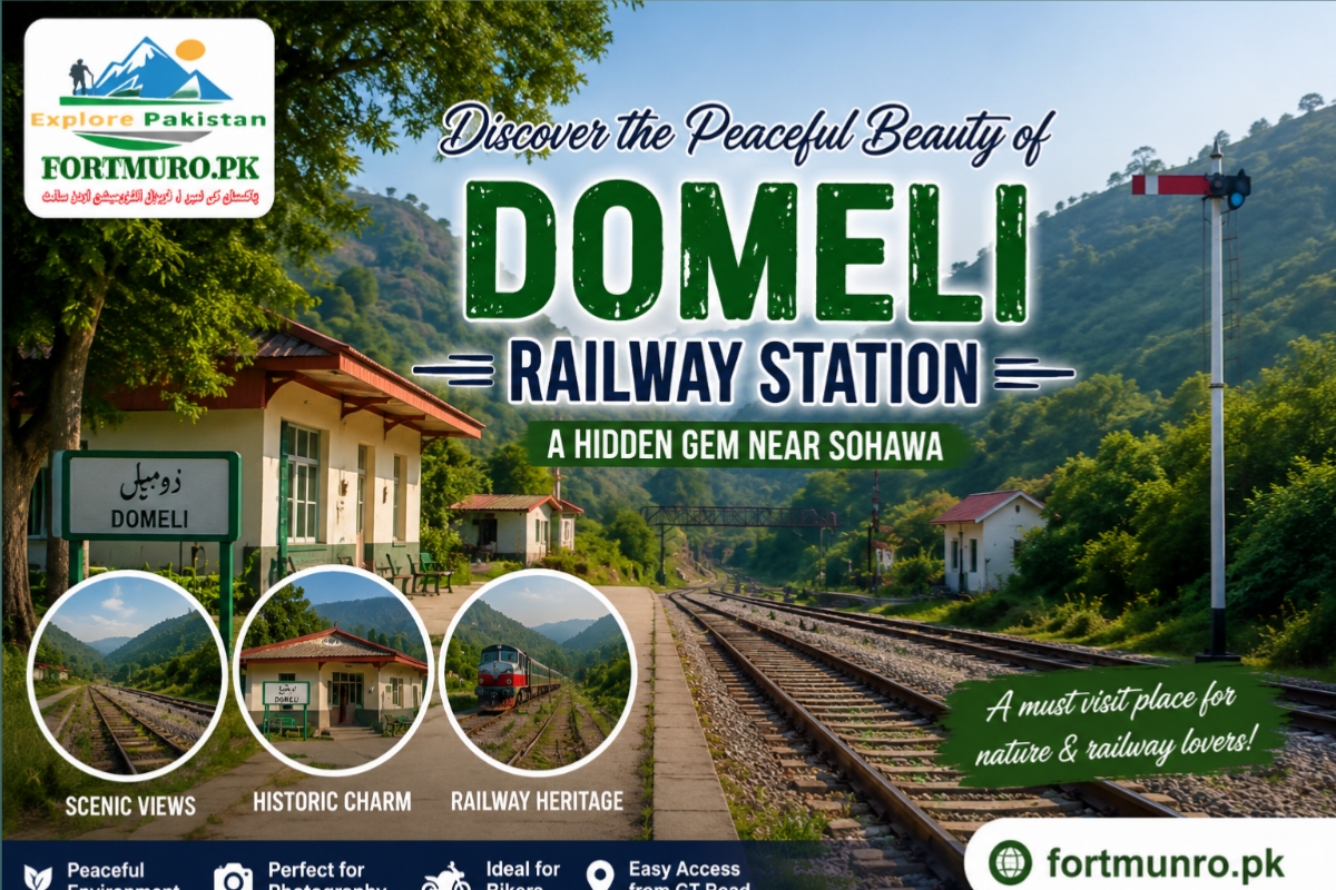 Domeli Railway Station surrounded by green hills near Sohawa, Punjab, Pakistan