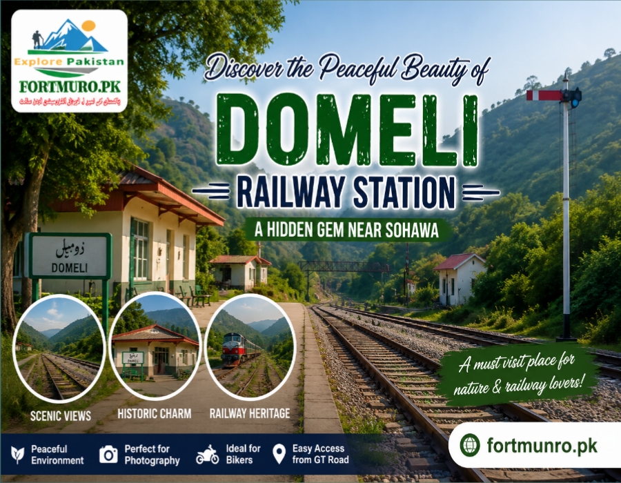 Domeli Railway Station surrounded by green hills near Sohawa, Punjab, Pakistan