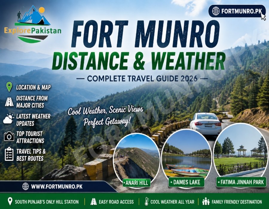 Scenic view of Fort Munro hill station showing mountains, cool weather, and travel route in South Punjab Pakistan.