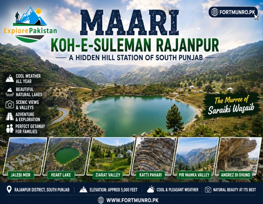 Scenic view of Maari Koh-e-Suleman Rajanpur featuring mountains, Heart Lake, valleys, and natural landscapes in South Punjab.