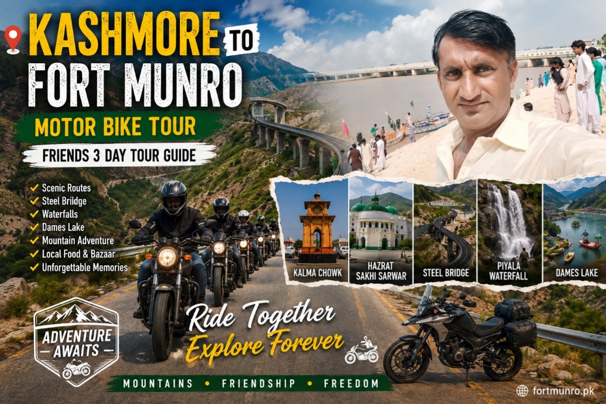 Friends riding motorcycles from Kashmore to Fort Munro with scenic mountain roads and Steel Bridge views.