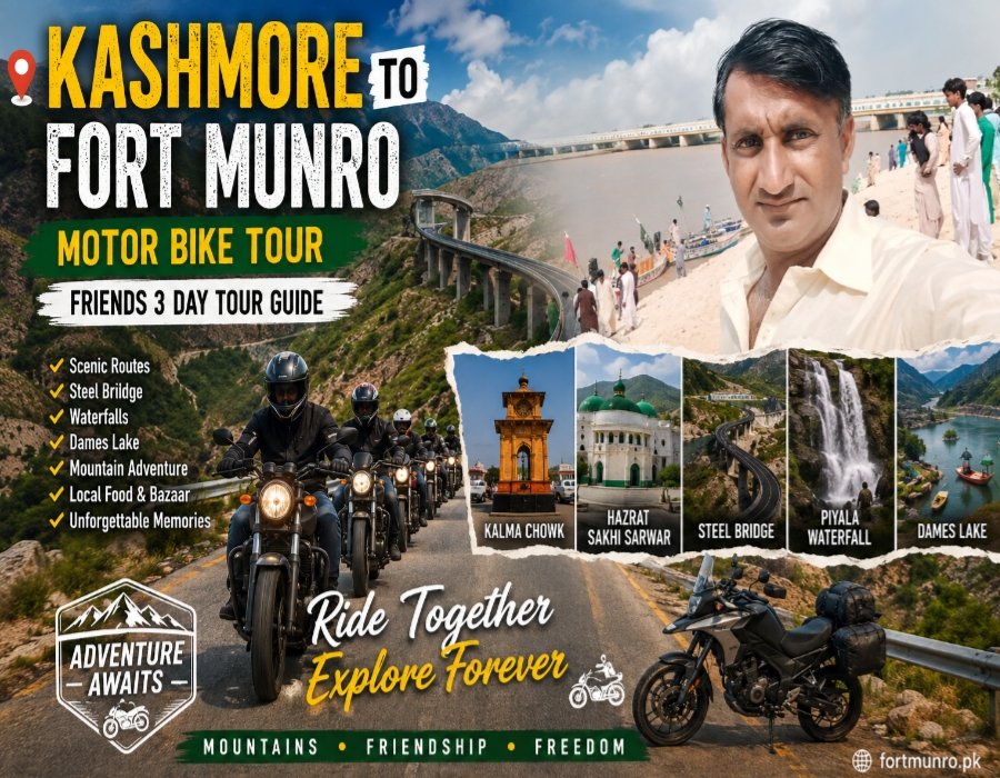 Friends riding motorcycles from Kashmore to Fort Munro with scenic mountain roads and Steel Bridge views.