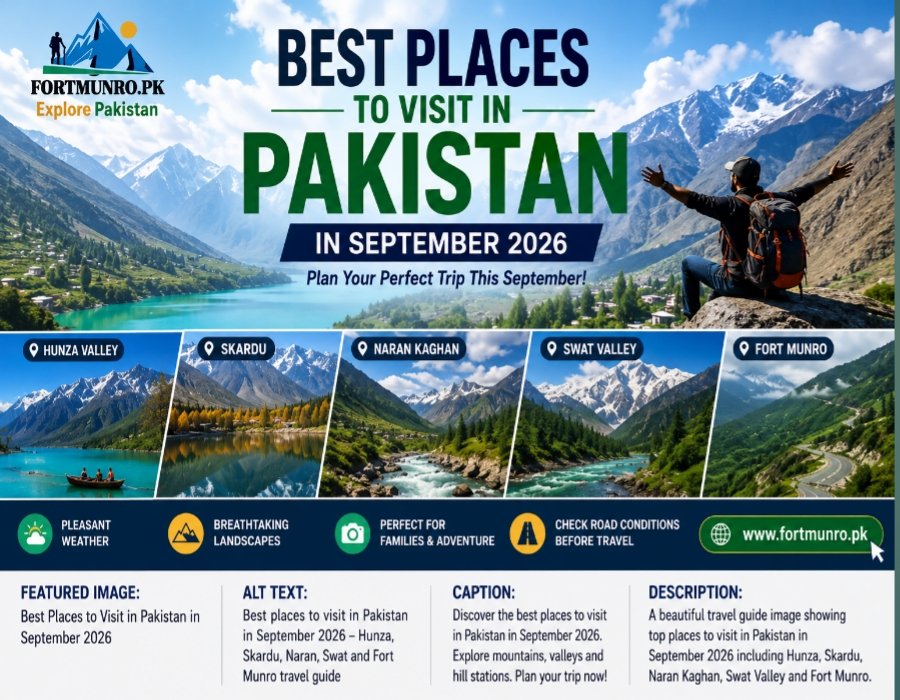 Best places to visit in Pakistan in September 2026 including Hunza, Skardu, Naran, Swat and Fort Munro