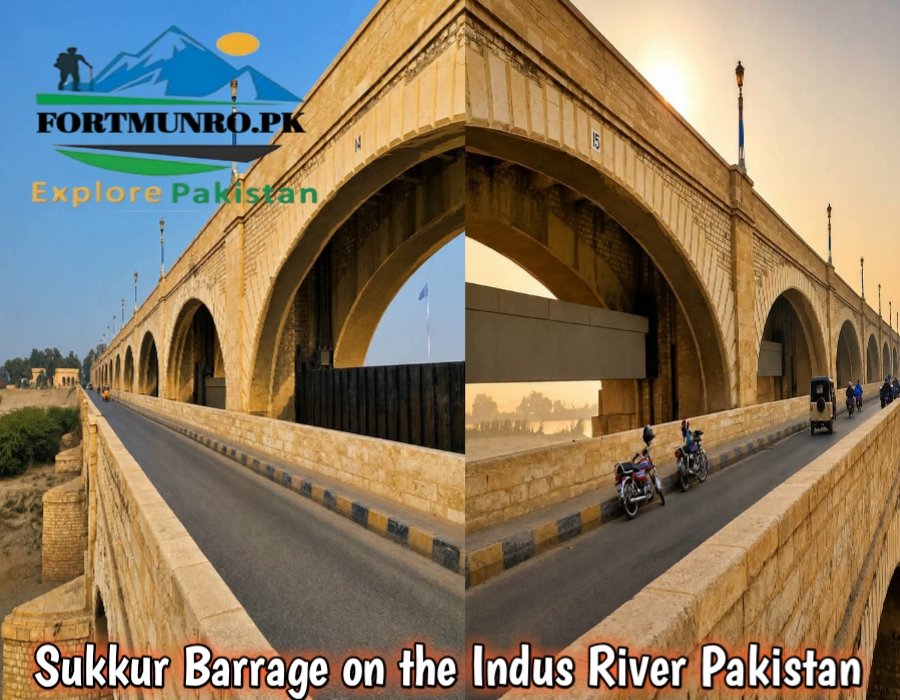 Sukkur Barrage illuminated at night over the Indus River in Pakistan