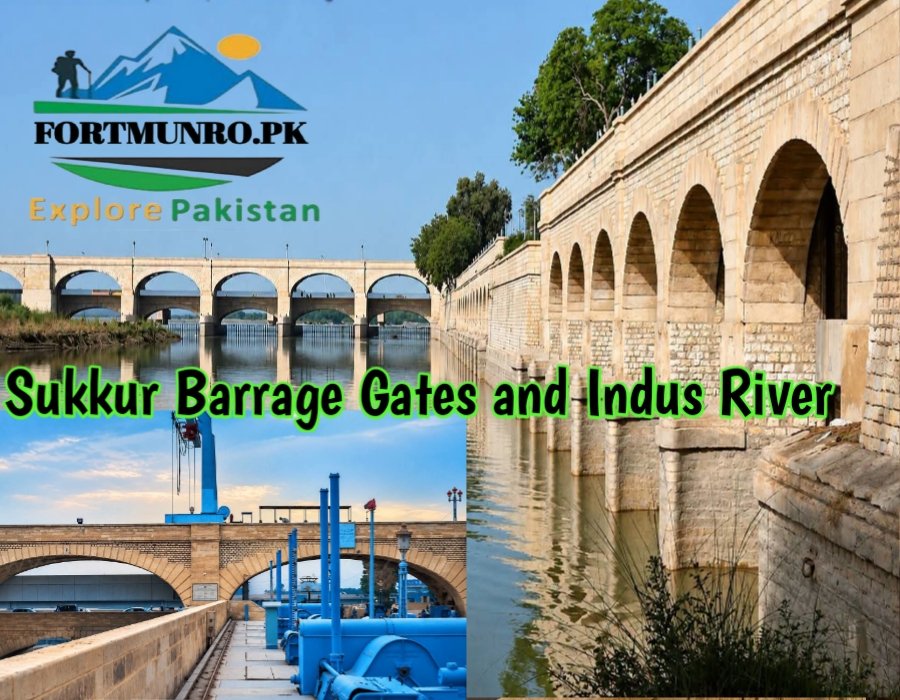 Sukkur Barrage gates on the Indus River, highlighting the engineering structure responsible for regulating river flow and diverting water into seven major canals.