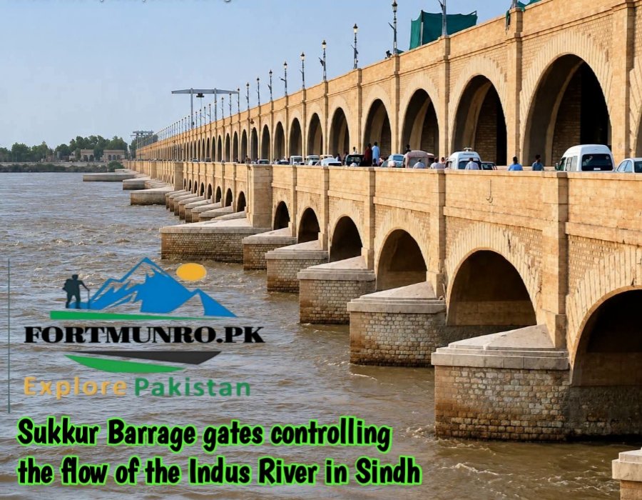 Sukkur Barrage gates controlling the flow of the Indus River in Sindh