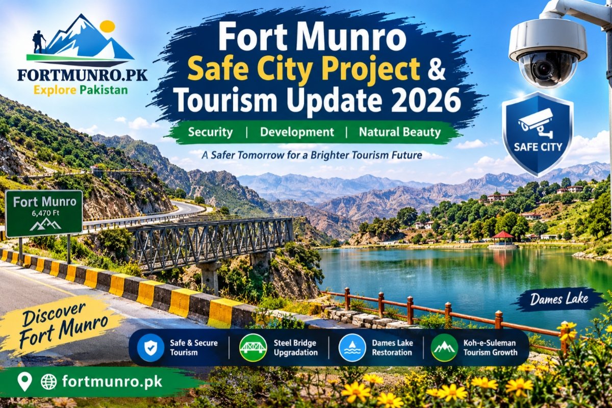 Fort Munro Safe City Project 2026 with Steel Bridge, Dames Lake and Koh-e-Suleman Mountains
